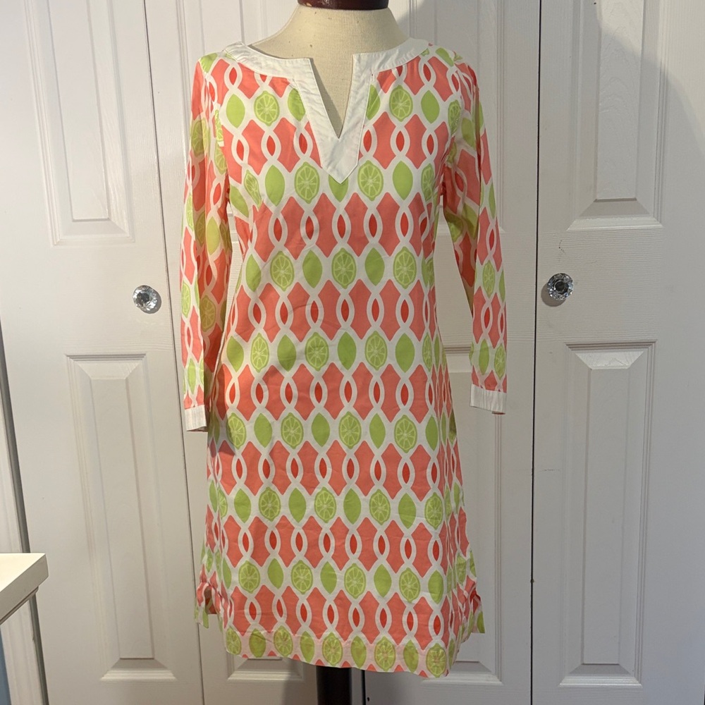 Vineyard Vines Coral & Lime Geometric Dress with white trim